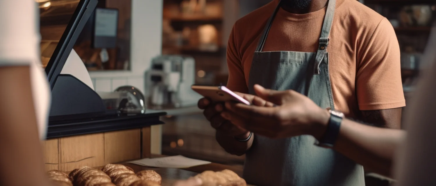 Image: Real-life scenario of two individuals using Crypto.com Pay. One person on the right is making a payment using their phone, while a bakery staff member on the left awaits the completion of the transaction.