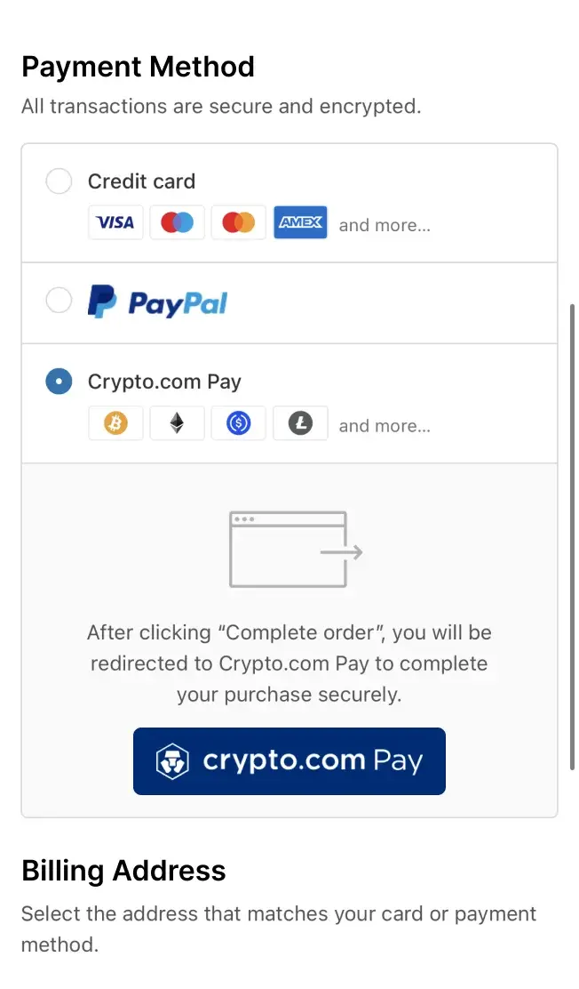 Mobile phone screen demonstrating the online purchase process with the selection of Crypto.com Pay as the payment method.